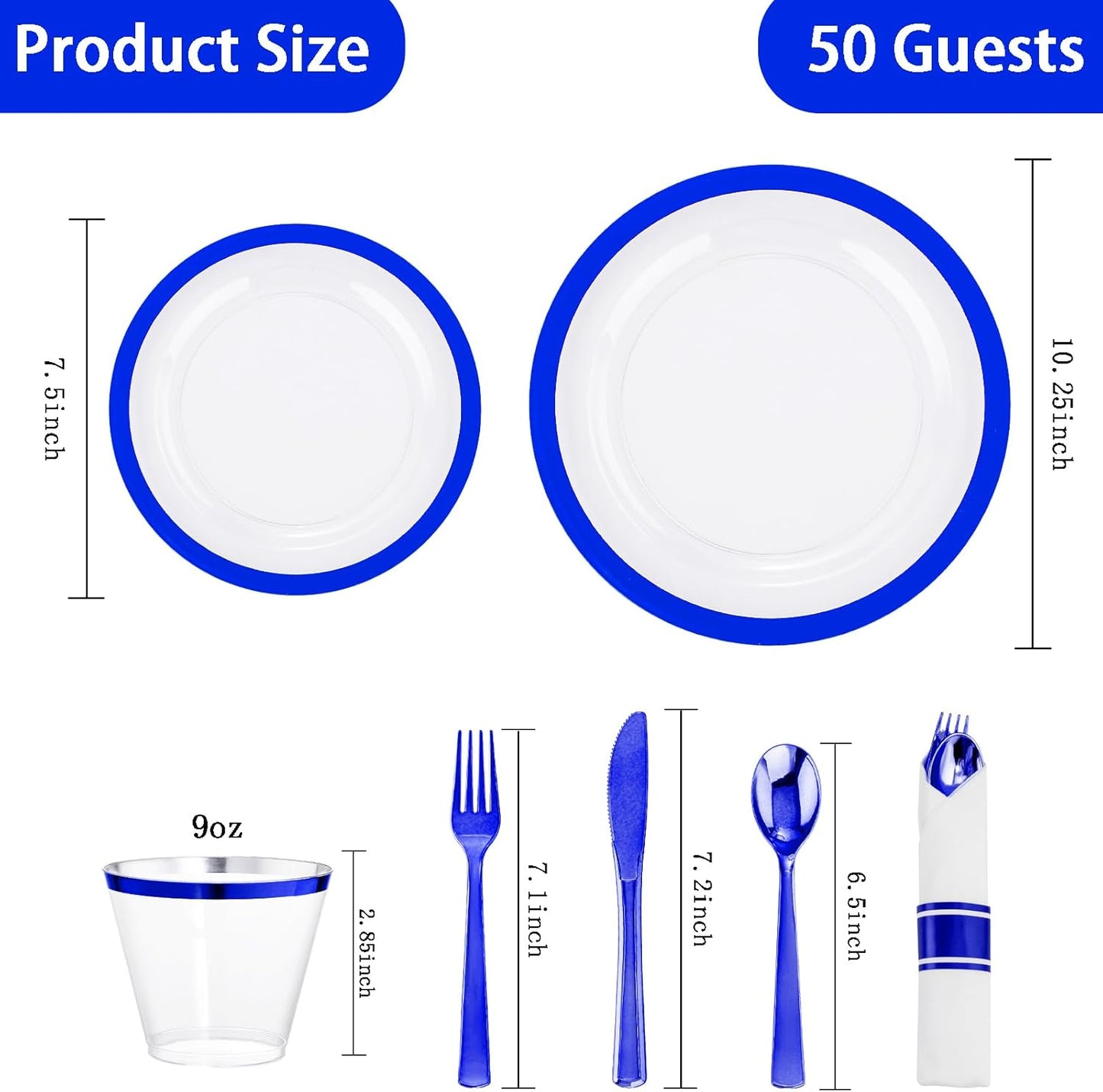 I00000 350 Pcs Dark Blue Plastic Plates,Clear Disposable Plates for 50 Guests,Blue Dinnerware Include 50 Dinner Plate 50 Dessert Plate,50 Cups,50 Pre Rolled Napkins with Cutlery Set for Party,Wedding