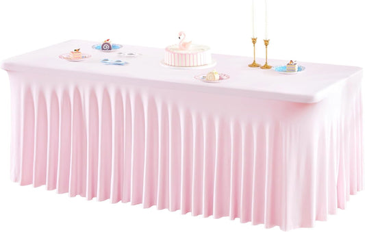 1 Pack Pink Table Clothes for 4 Foot Rectangle Tables, One-Piece Wrinkle Resistant Stretch Spandex Table Covers with Skirt for Event Banquet Wedding Birthday Party