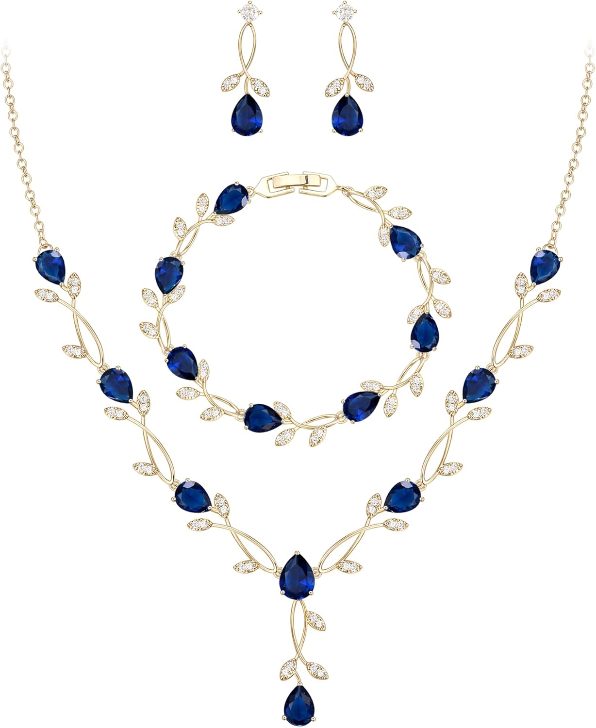 EVER FAITH Bridal Cubic Zirconia Jewelry Sets for Women, White Simulated Pearl Leaf Vine Pendant Wedding Party Necklace Earrings Set for Bridesmaid Bride