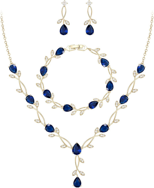 EVER FAITH Bridal Cubic Zirconia Jewelry Sets for Women, White Simulated Pearl Leaf Vine Pendant Wedding Party Necklace Earrings Set for Bridesmaid Bride