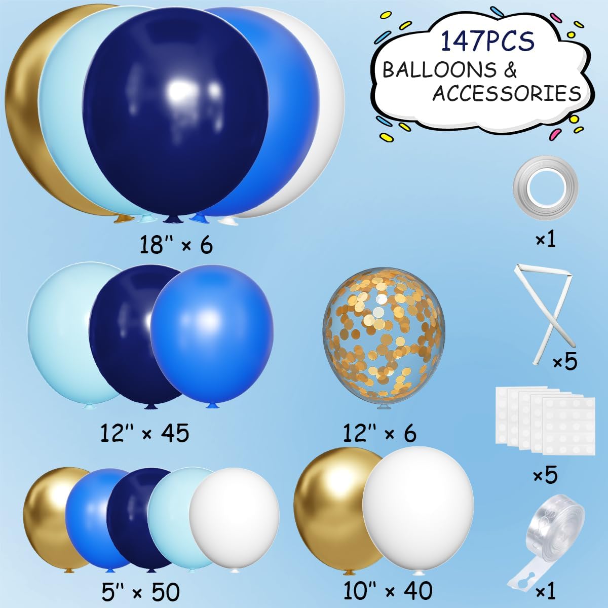 Navy Blue White Gold Balloon Garland Arch Kit, 147PCS Royal Dark Pastel Blue White Gold Balloons with Confetti for Birthday Party Baby Shower Wedding Graduation Decorations