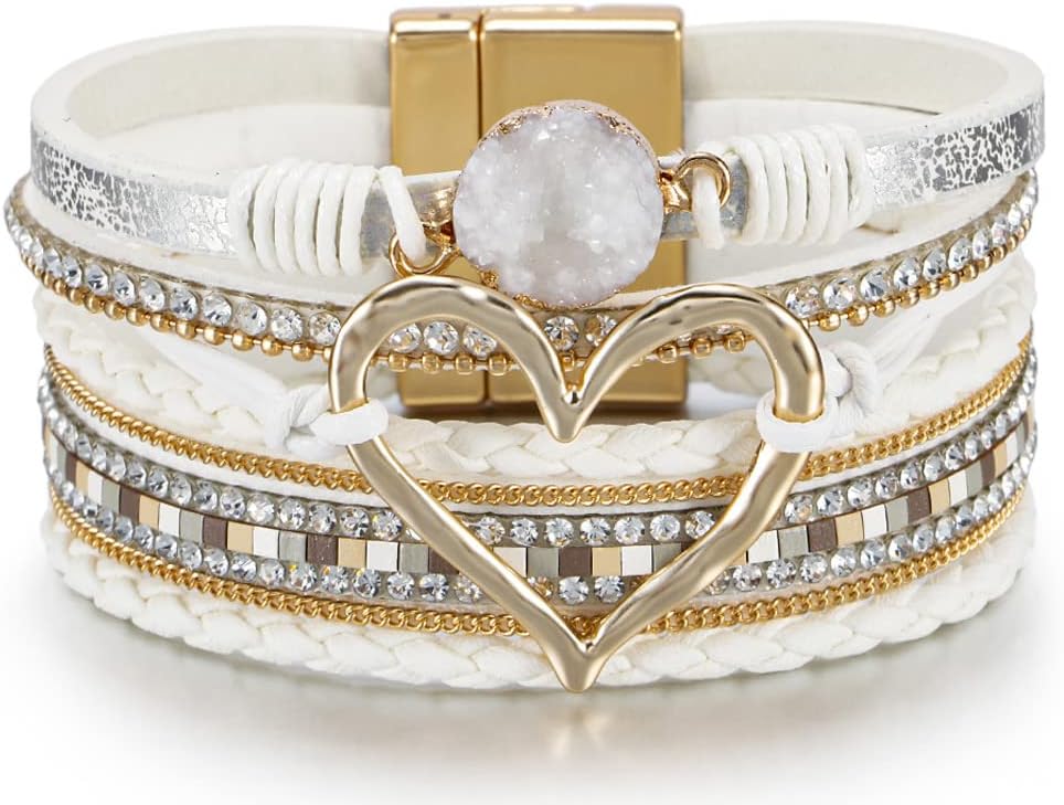 Fesciory Leopard Bracelet for Women, Boho Leather Wrap Multi-Layer Pearl Crystal Bracelet Bangle Jewelry