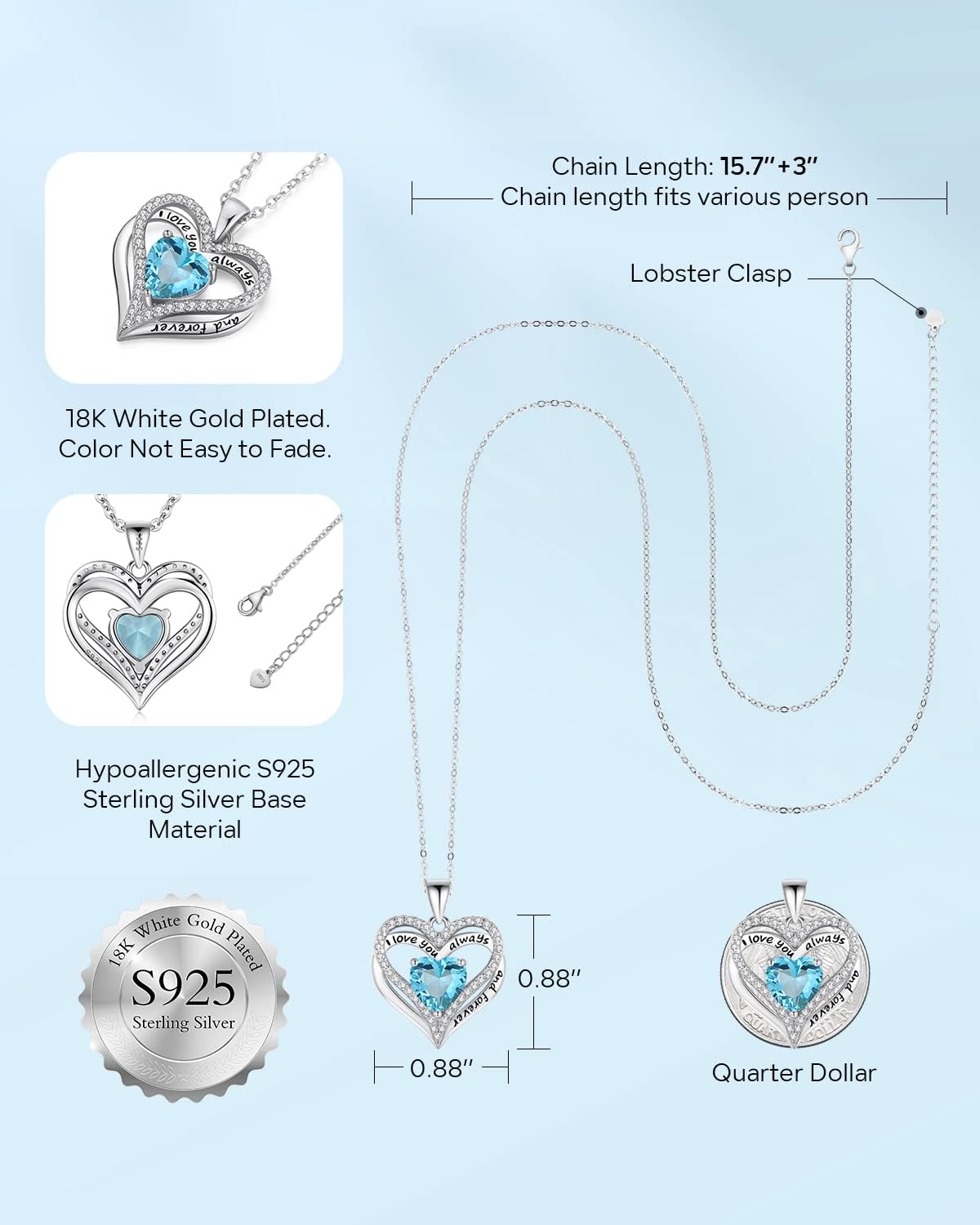 S925 Sterling Silver Necklace for Women, Wife Jewelry Rose Gold, Mom Birthday Valentines Mothers Day Gifts, Girlfriend Necklaces, Daughter Heart Jewel, Anniversary for Her