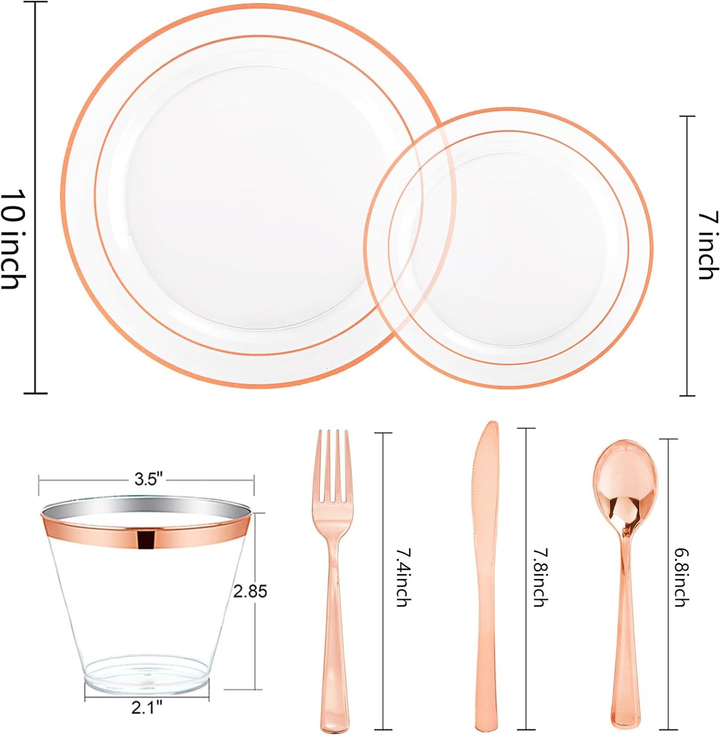 bUCLA 150PCS Clear Rose Gold Disposable Dinnerware set - Rose Gold Plastic Plates Include 25 Dinner / 25 Dessert Plates, 25 Knives, 25 Forks, 25 Spoons, 25 Cups for Party, Wedding & Mother's Day
