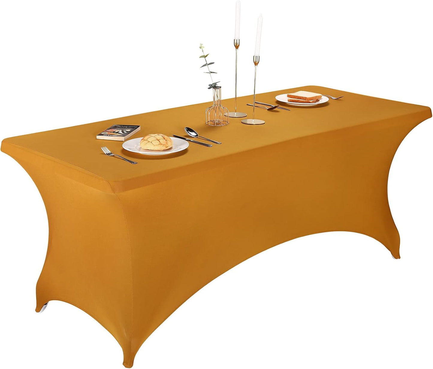 LZY Spandex Table Covers 6 Feet, Stretch/Fitted Table Covers for 6 Feet Folding Table, Rectangular Spandex Table Cloths for Wedding Party or Event (6FT-2PCS, Gold)