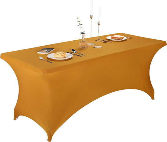 LZY Spandex Table Covers 6 Feet, Stretch/Fitted Table Covers for 6 Feet Folding Table, Rectangular Spandex Table Cloths for Wedding Party or Event (6FT-2PCS, Gold)