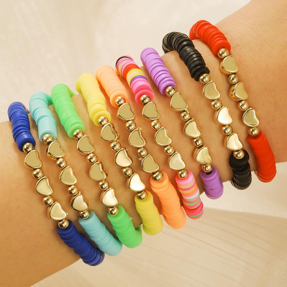 Friendship Bracelets for Women - Heishi Surfer Colorful Smile Evil Eye Clay Beaded Stretch Bracelets Elastic Layering - Stackable Boho Disc Y2K Aesthetic Summer Jewelry Set.