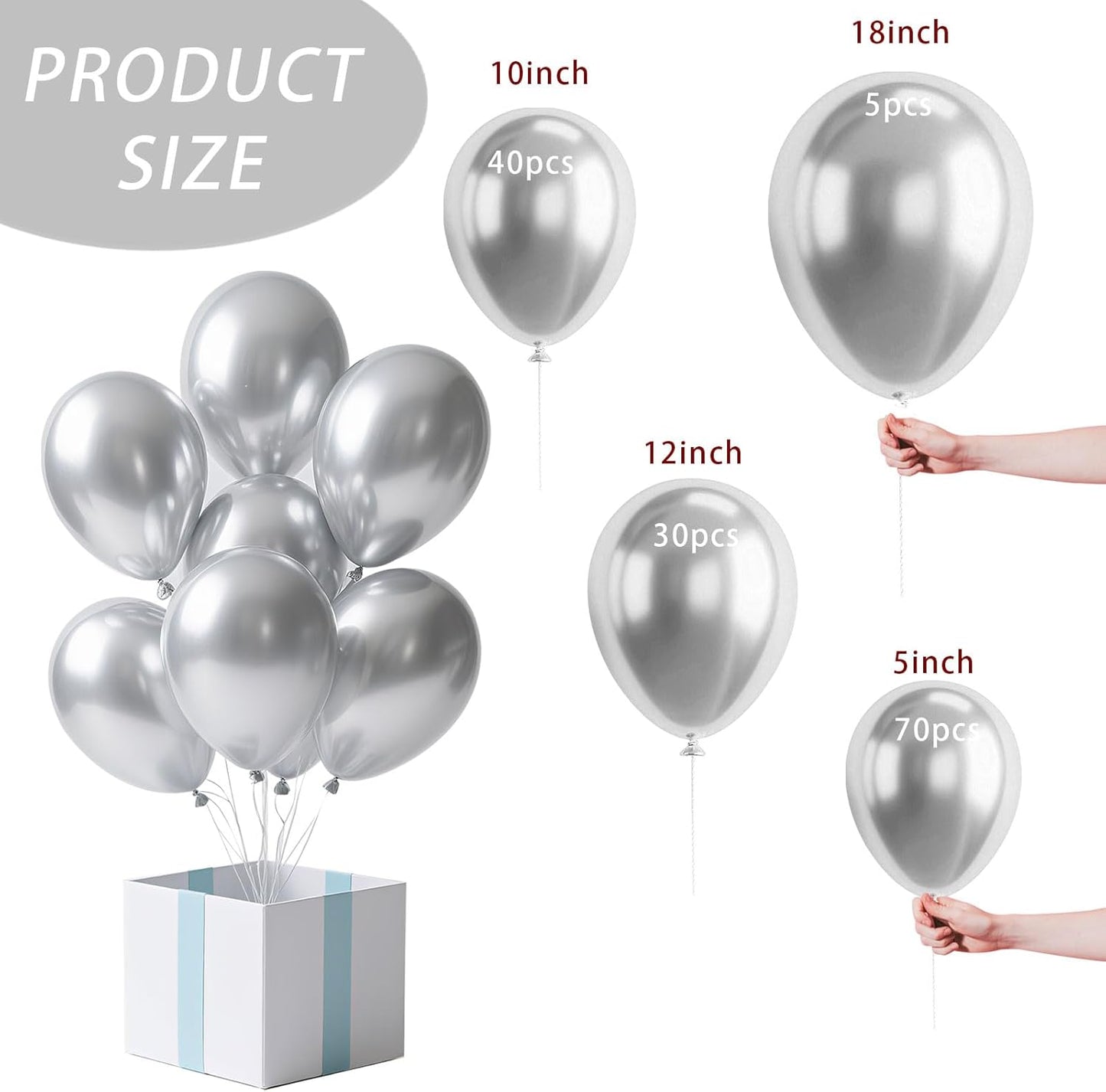 Silver Balloon,145pcs Latex Metallic Silver Balloons Arch Kit Different Sizes 18 12 10 5 Inch,Silver Chrome Balloon Garland Arch for Wedding Disco Birthday Graduation Holiday Party Decoration