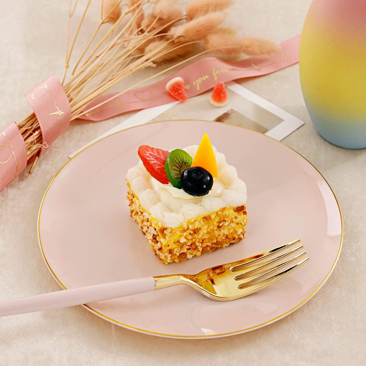 I00000 72PCS Pink Plastic Dessert Plates with Disposable Forks, Premium Pink Cake Plates, Fancy Apetizer Plate with Gold Rims Perfect for Party