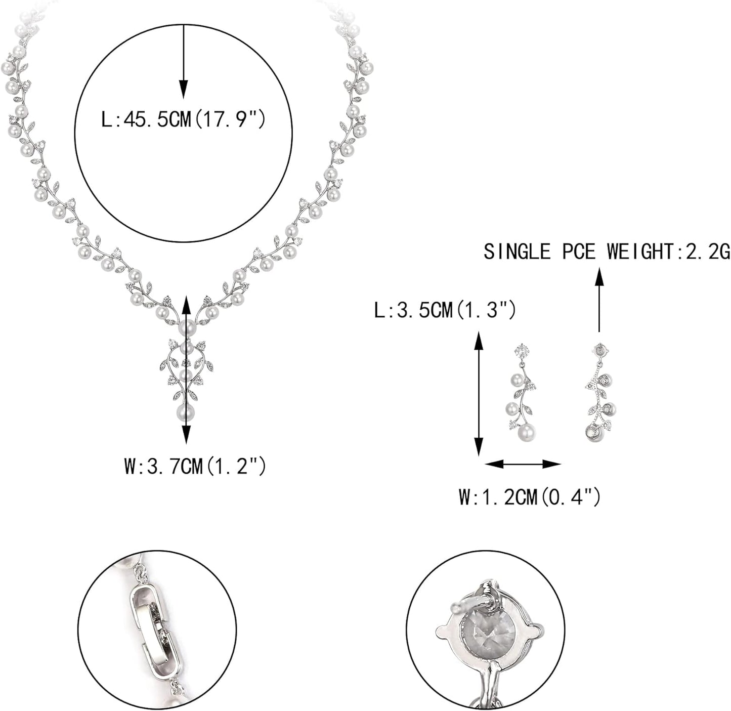 EVER FAITH Bridal Cubic Zirconia Jewelry Sets for Women, White Simulated Pearl Leaf Vine Pendant Wedding Party Necklace Earrings Set for Bridesmaid Bride