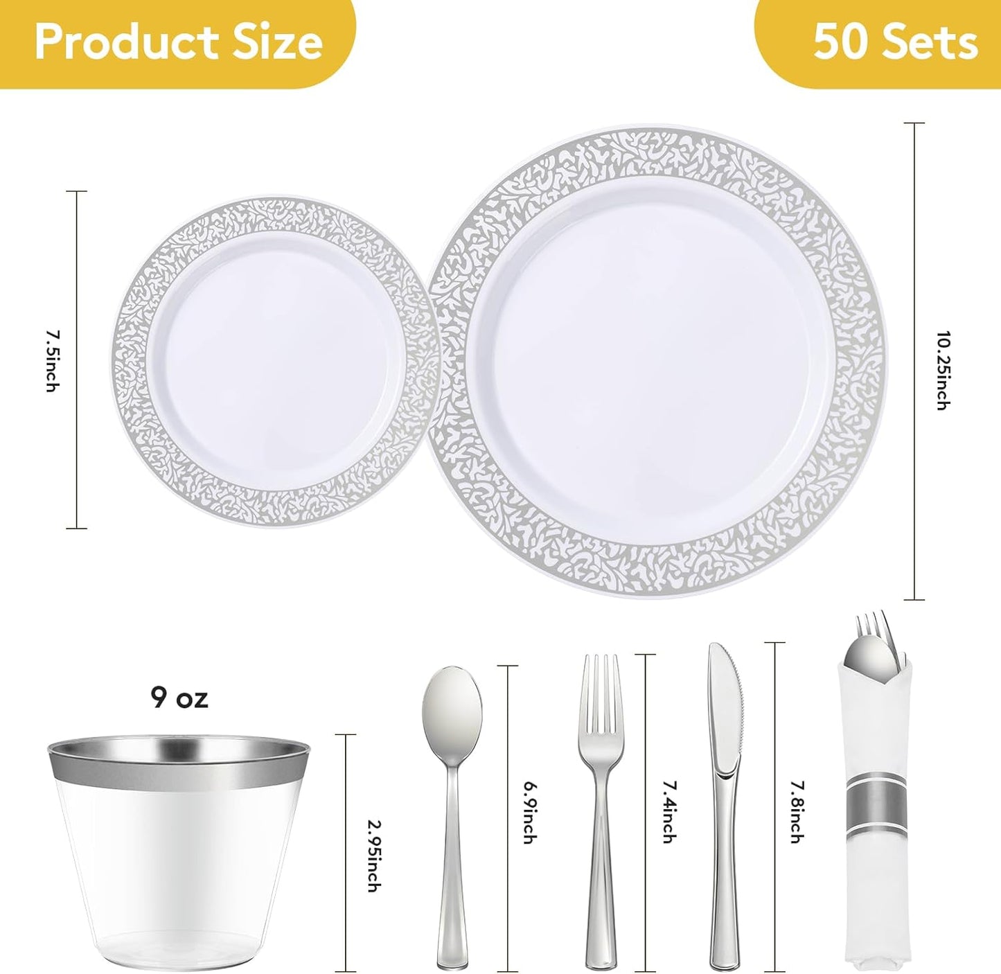 Goodluck 350pc Silver Plastic Dinnerware Set for 50 Guests - Disposable Lace Plates, Napkins, Silverware & Cups