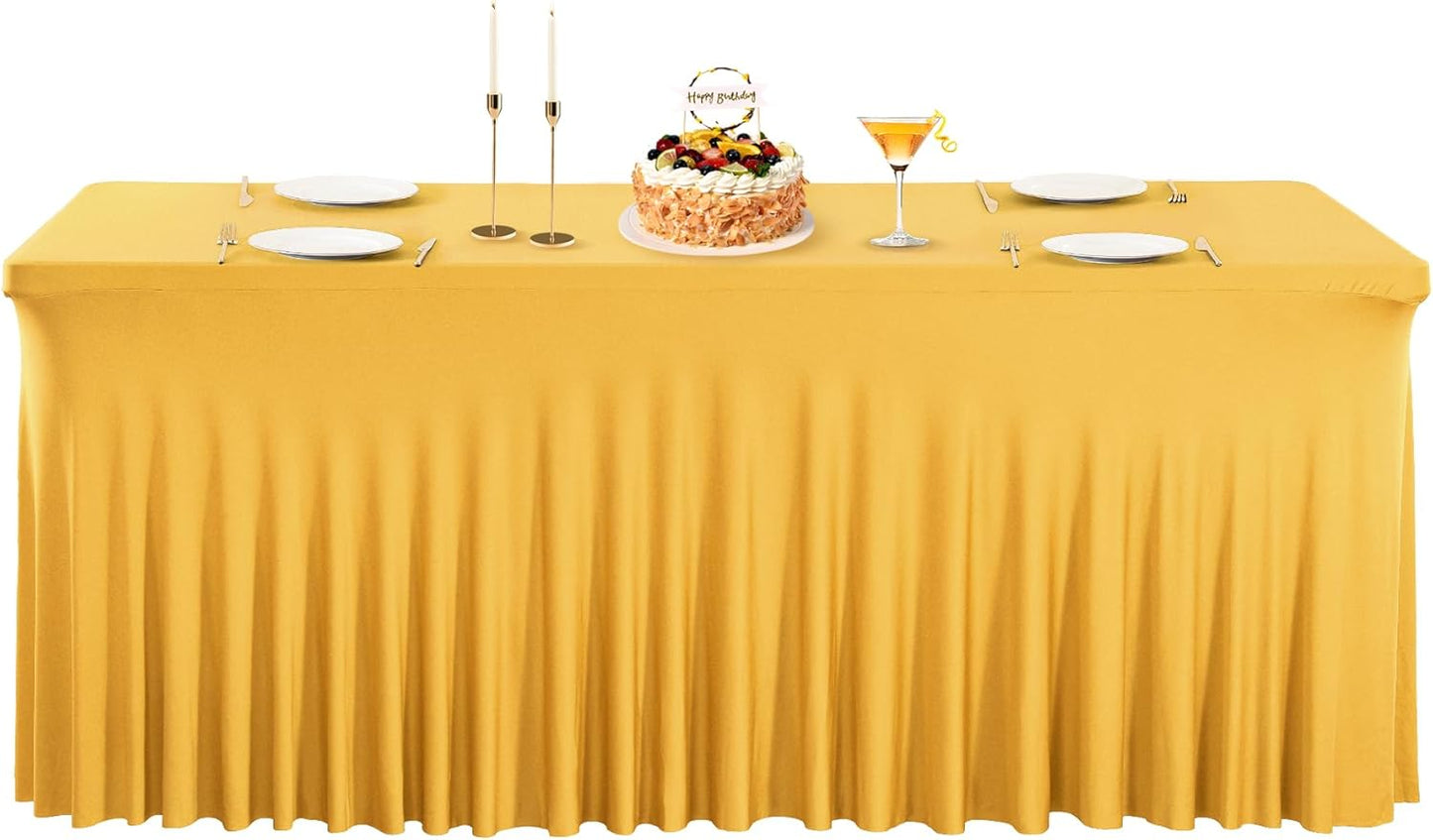 PARTISKY Golden Spandex Tablecloth for 8ft Rectangle Tables, Stretchable Table Cover Skirt for Folding Tables Weddings Parties Banquets Events Trade Shows and Dessert Table