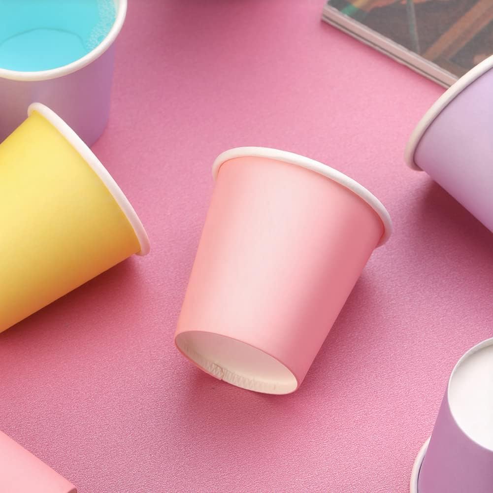 3 oz Paper Cups, 60 Pack Mouthwash Cups Bathroom Paper Cups Espresso Small Cups for Snack Bathroom Espresso, Perfect for Home Condos Rvs Campers (Purple, Pink, Yellow)
