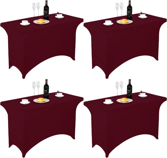 FORLIFE 4Pack Spandex Table Covers，Fitted Tablecloth for Rectangular Tables, Stretch Patio Table Covers, Universal Spandex Table Cover for Wedding, Banquet, Party (4ft, Burgundy)