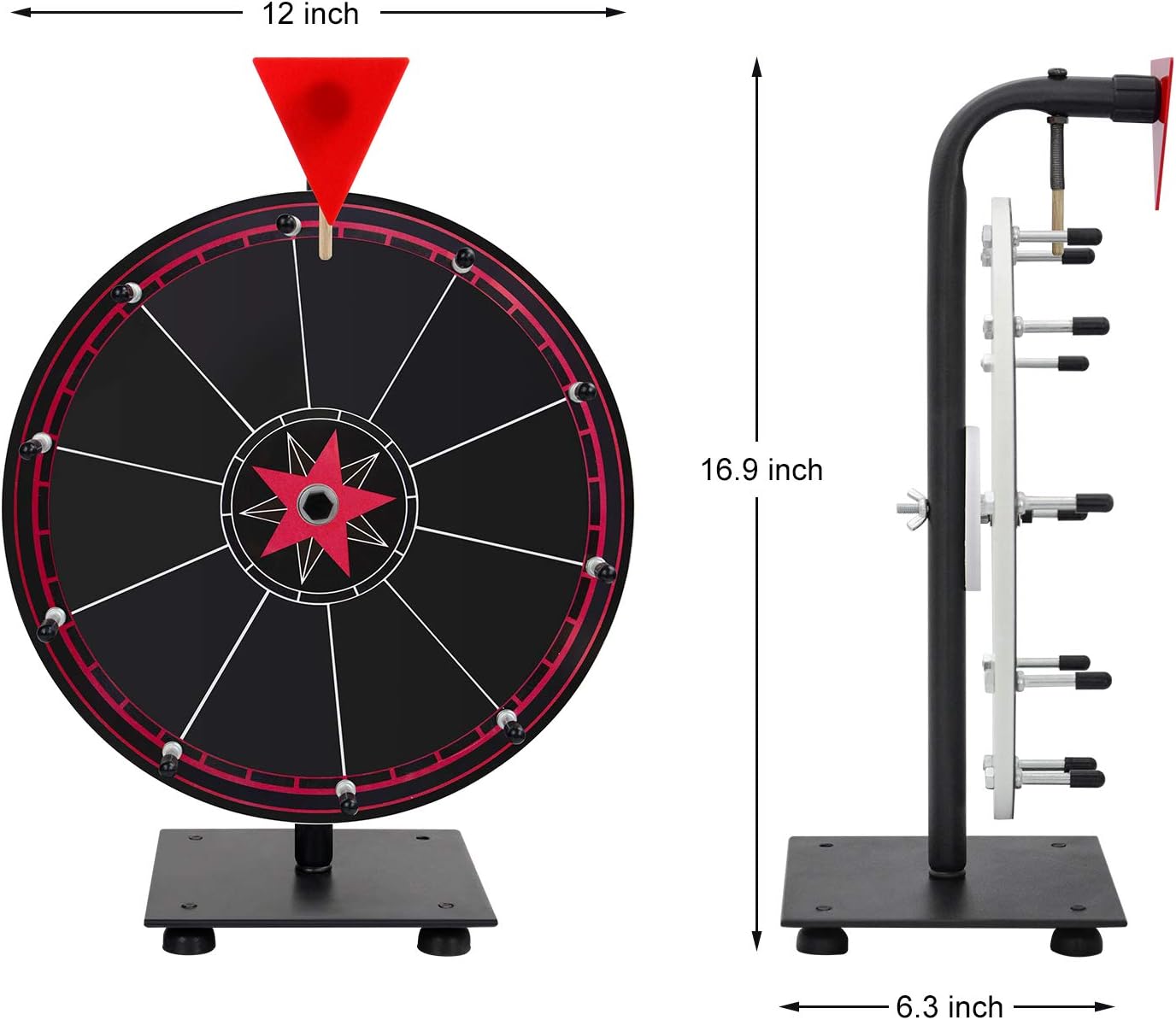 T-SIGN Spinning Wheel for Prizes, 10 Slots Black Prize Wheel with Eraser, 12 Inch Spin Wheel with Stand, Roulette Wheel for Tabletop - Wheel of Fortune Wheel Spinner for Carnival, Game Casino