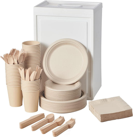 FULING 350Pcs Biodegradable Dinnerware Set - Disposable Dinner Plates, Wooden Cutlery, Napkins - Plant-Based Material, Microwave & Freezer Safe