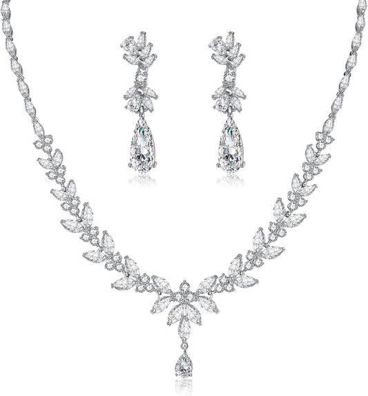 Jewelry Set for Women, Cubic Zirconia Necklace Dangle Earrings & Bracelet Jewelry Set for Bride Bridesmaid Wedding Engagement Prom Party