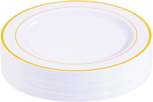 bUCLA 30PCS White and Gold Plastic Dinner Plates Disposable - 10.25inch Premium White Gold Rim Plates, Ideal for Wedding, Party & Thanksgiving