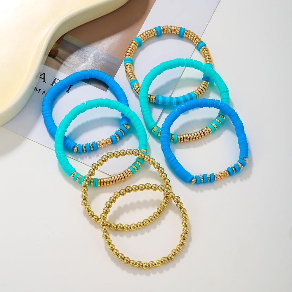 Friendship Bracelets for Women - Heishi Surfer Colorful Smile Evil Eye Clay Beaded Stretch Bracelets Elastic Layering - Stackable Boho Disc Y2K Aesthetic Summer Jewelry Set.