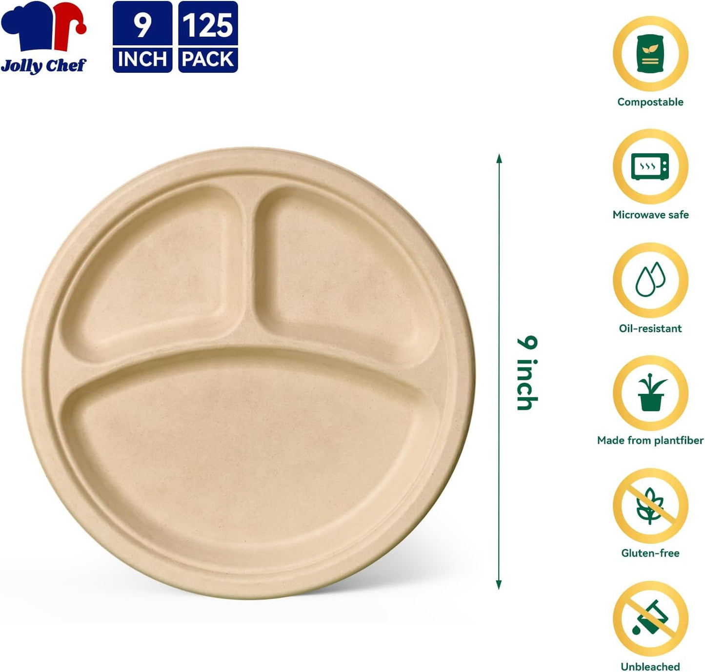 JOLLY CHEF Compostable 𝟯 Compartment Paper Plates 𝟵 𝗜𝗻𝗰𝗵 [𝟭𝟮𝟱 𝗣𝗮𝗰𝗸] Heavy Duty Divided Disposable Eco-Friendly Bagasse Biodegradable Round Trays for Dinner Lunch Thanksgiving Day (Brown)
