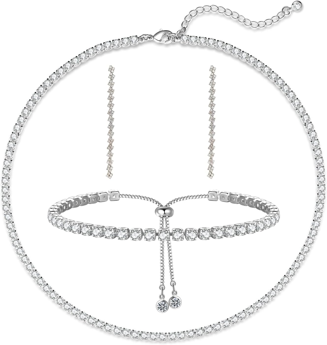 Luxval Tennis Necklace Set for Women Tennis Bracelets Diamond Earrings Sterling Silver Necklace Wedding Jewelry for Bride Silver Jewelry Sets for Women Gift