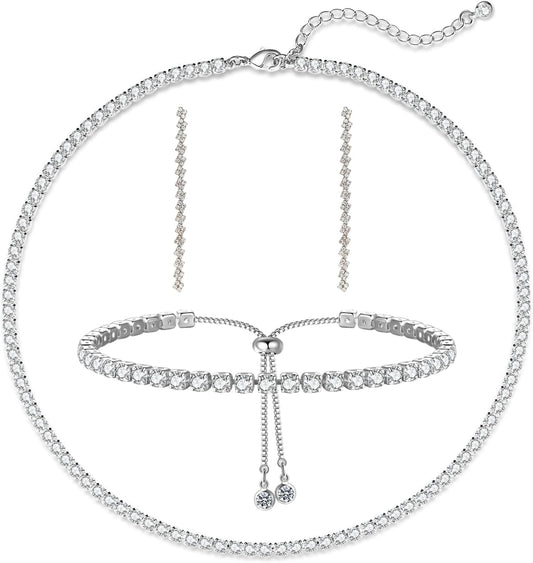Luxval Tennis Necklace Set for Women Tennis Bracelets Diamond Earrings Sterling Silver Necklace Wedding Jewelry for Bride Silver Jewelry Sets for Women Gift