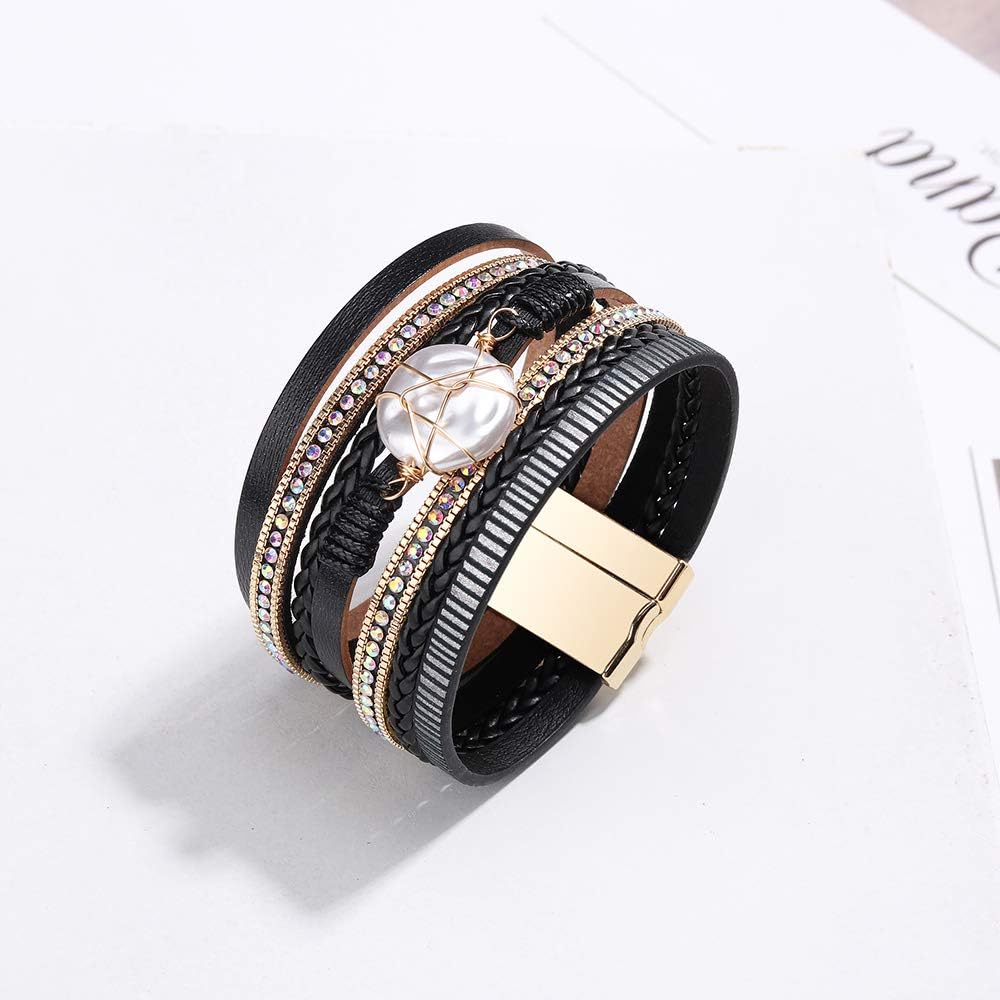 Fesciory Leopard Bracelet for Women, Boho Leather Wrap Multi-Layer Pearl Crystal Bracelet Bangle Jewelry