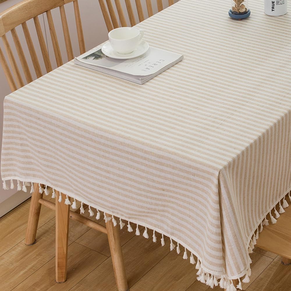 TruDelve 120 Inch Extra Long Tablecloth Beige Striped Tablecloths Washable Cloth Tablecloths for 8 Foot Rectangle Tables (Beige,120"x55",Rectangular)