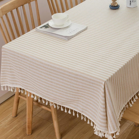 TruDelve Rectangular Tablecloth Beige Striped Cloth Tablecloths with Tassels Rustic Fall Table Cloth Rectangle Table Cover (Beige,70"x55",Rectangular)