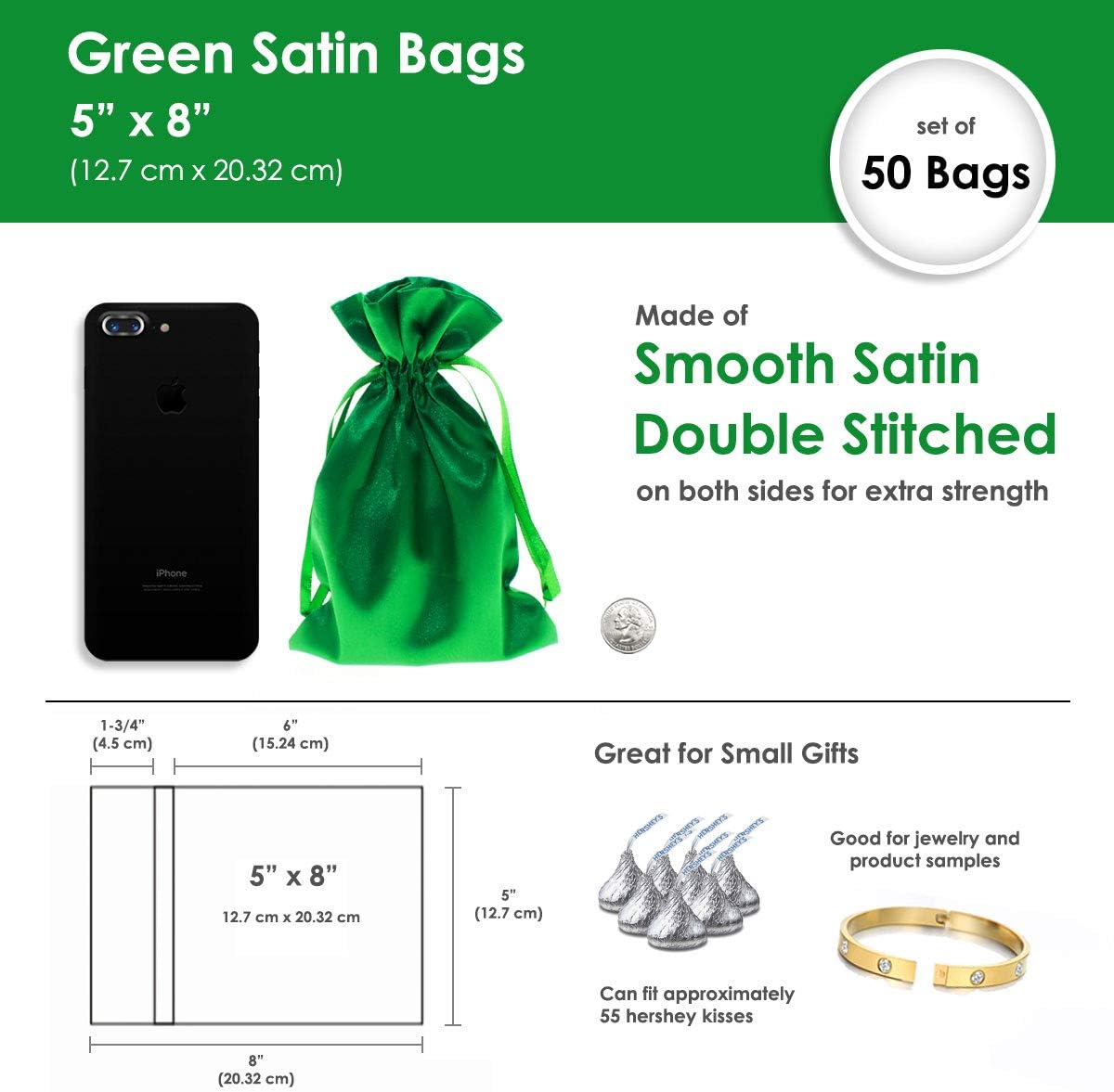 5" x 8" Green Satin Gift Bags, Jewelry Bags, Wedding Favor Drawstring Bags Baby Shower Christmas Gift Bags 50 per Pack