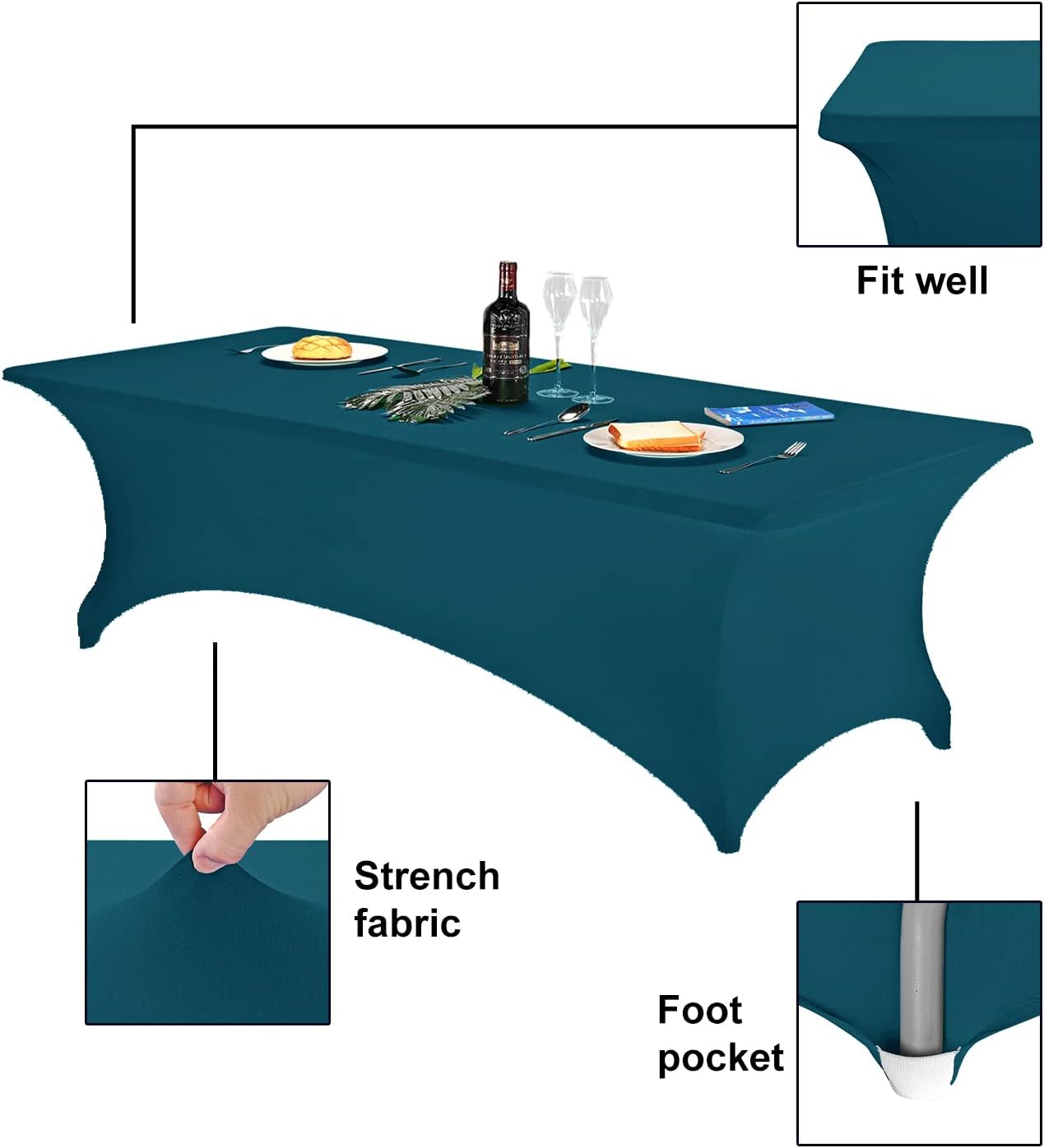 FORLIFE 4Pack Spandex Table Covers，Fitted Tablecloth for Rectangular Tables, Stretch Patio Table Covers, Universal Spandex Table Cover for Wedding, Banquet, Party (8ft, Peacock)