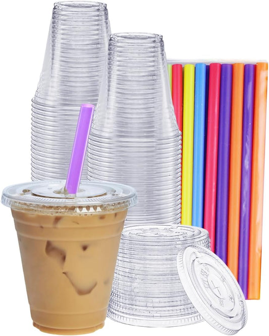 GUSTO [12 oz. - 100 Count Clear Cups with Flat Lids & Straws - Disposable Clear Drinking Cups for Iced Coffee, Cold Drinks, Milkshakes, and Smoothies - Formerly Comfy Package