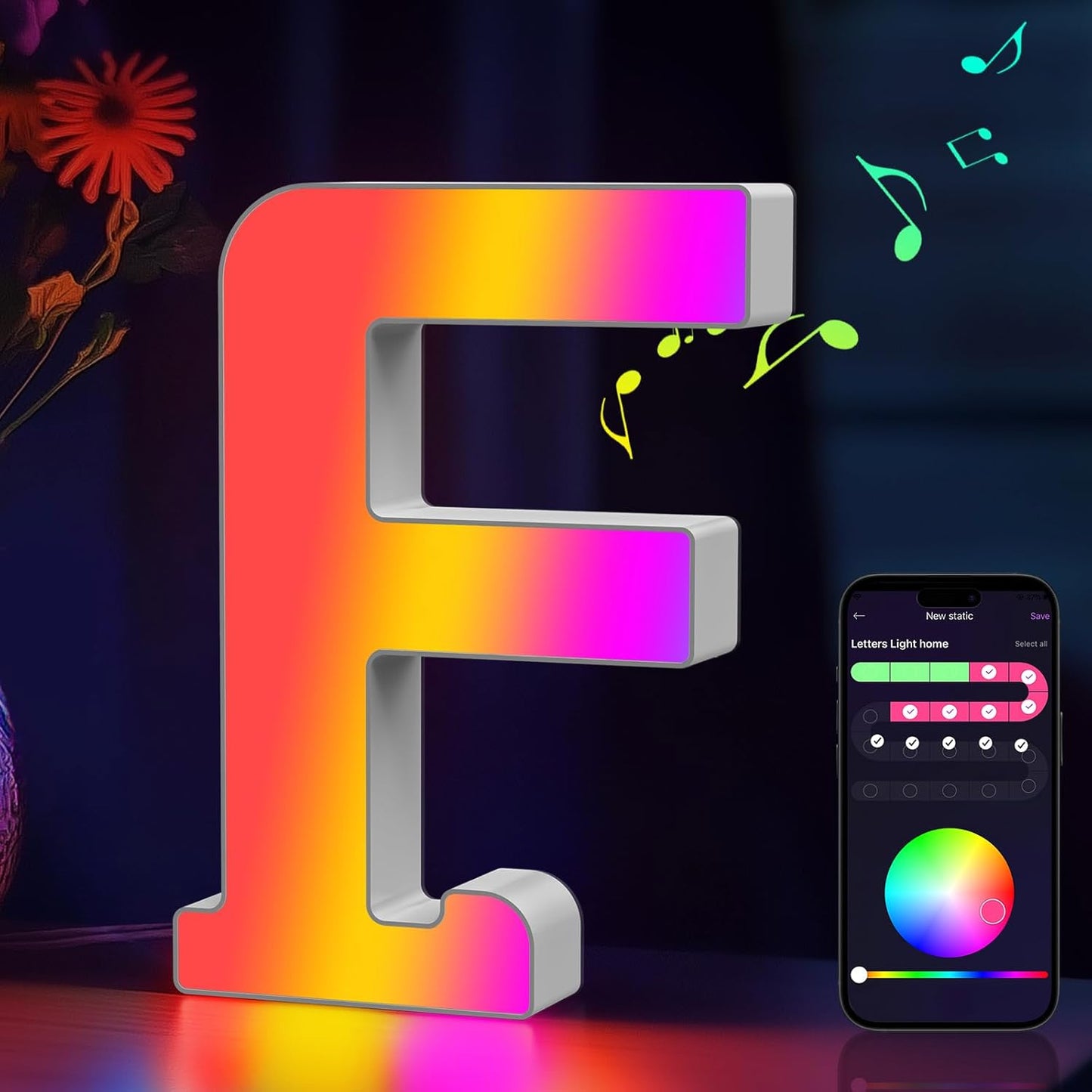 Light Up Letters Marquee Letter - Music Sync RGB Color Changing LED Lights Letter Logo Game Lights for Girls Women Party Birthday Christmas Valentine's Day Wall Desktop Decoration (MRGB-F)