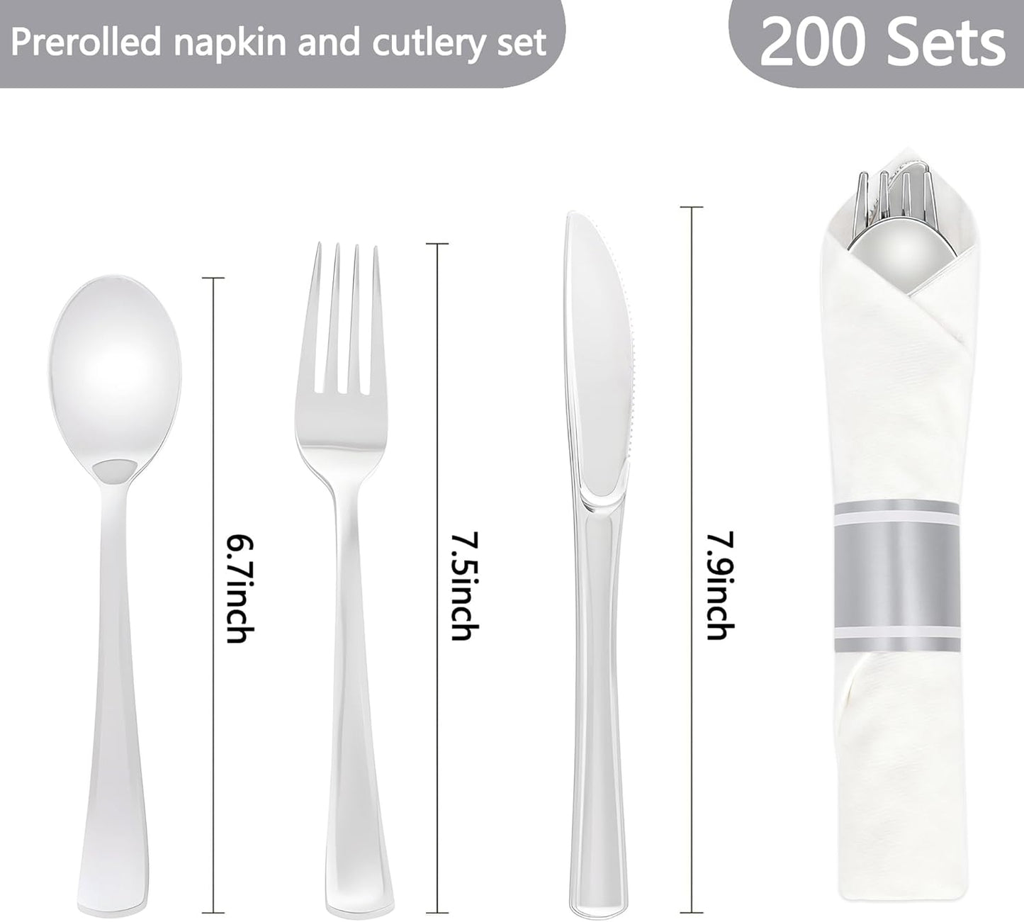 200 Pack Pre Rolled Silver Plastic Silverware Set,Wrapped Plastic Cutlery Set with Napkin Include 200 Forks,200 Spoons,200 Knives and 200 White Napkins for Party,Wedding