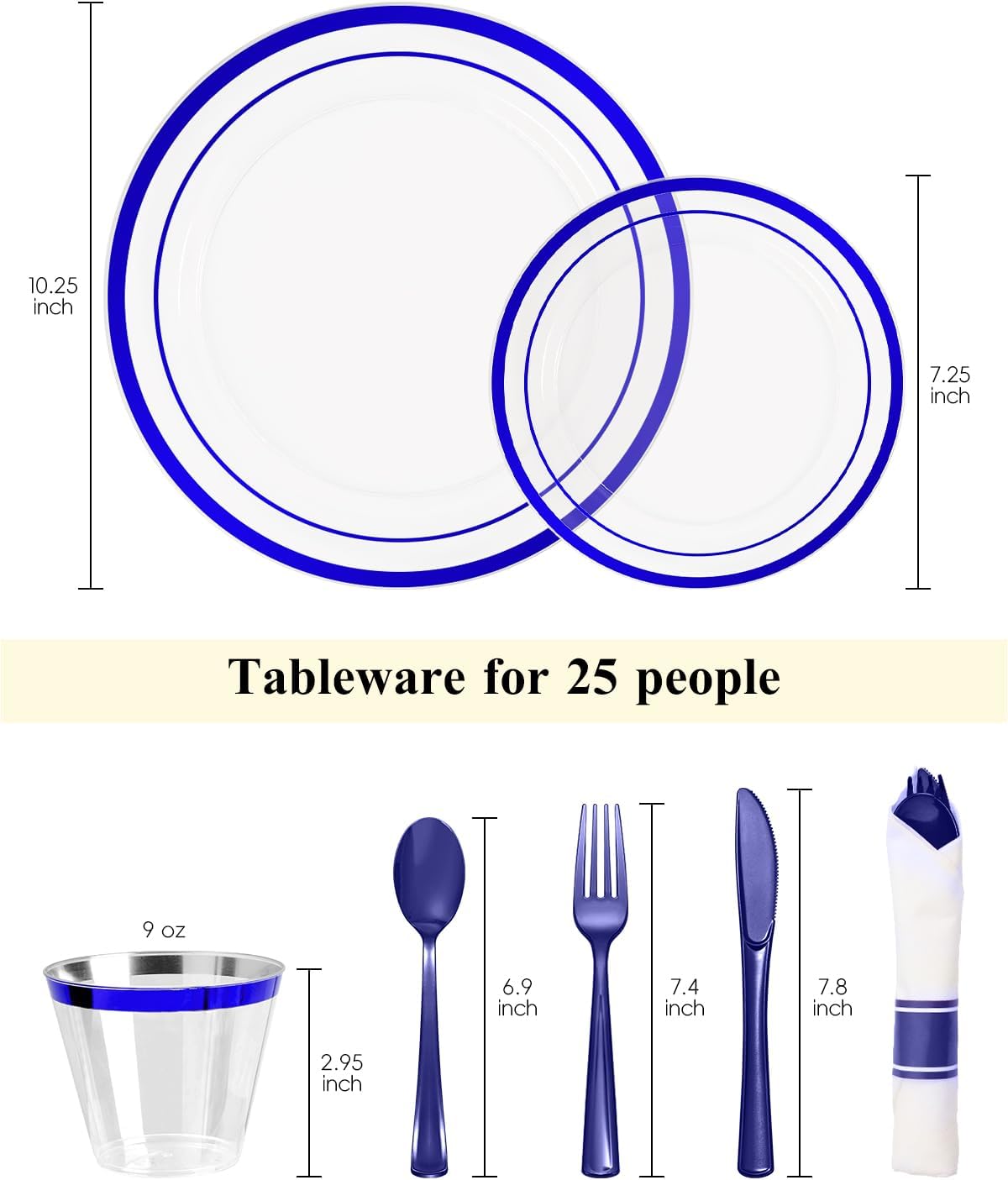 Goodluck 175 Piece Blue Plastic Plates, Clear Plastic Silverware Disposable Plates Set, Include 50Plates, 25Pack Pre Rolled Napkins with Silverware, 25Cups for Party, Wedding, Graduation