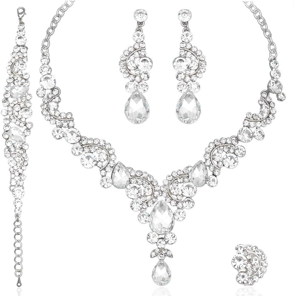 CSY Elegant Crystal Necklace Earrings Bracelet Ring Bridal Wedding Party Costume Jewelry Sets for Brides Women