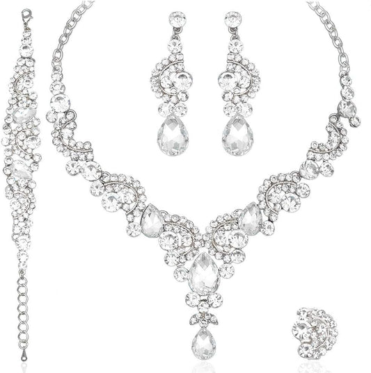 CSY Elegant Crystal Necklace Earrings Bracelet Ring Bridal Wedding Party Costume Jewelry Sets for Brides Women