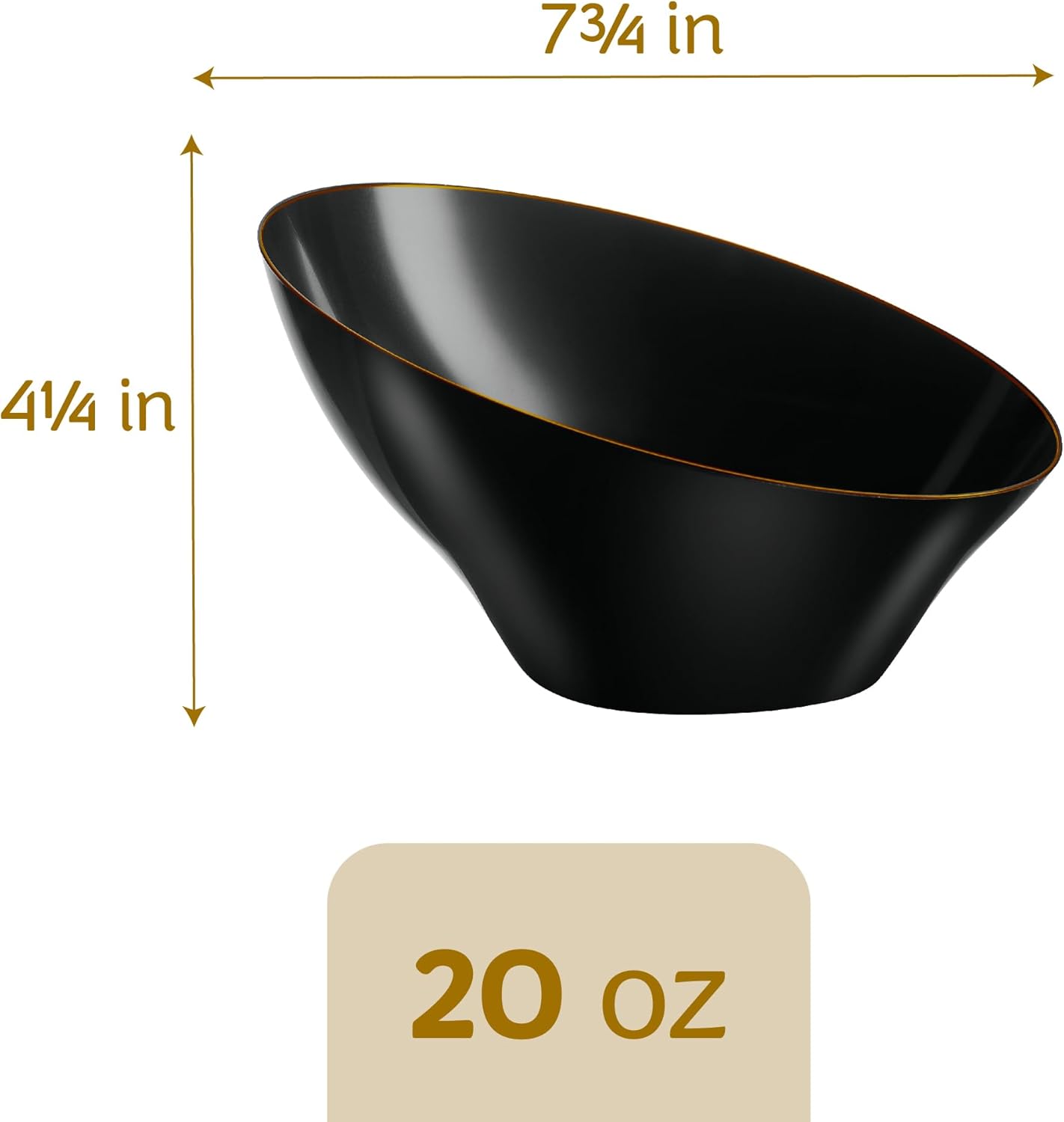 PLASTICPRO Angled Plastic Bowls Disposable Medium Plastic Black Serving Bowls with Gold Rim for Party for Appetizer Salads Pack of 4