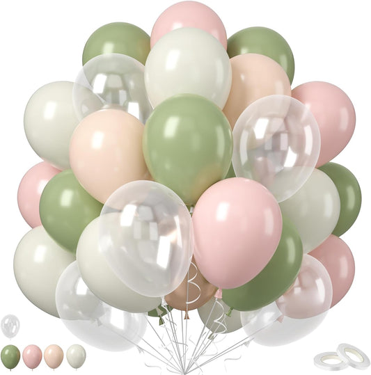Pink and Sage Green Balloon, 50PCS 12Inch Olive Green Pink Sand White Ivory Clear Transparent Balloons for Wedding Birthday Baby Shower Gender Reveal Woodland Jungle Safari Decorations