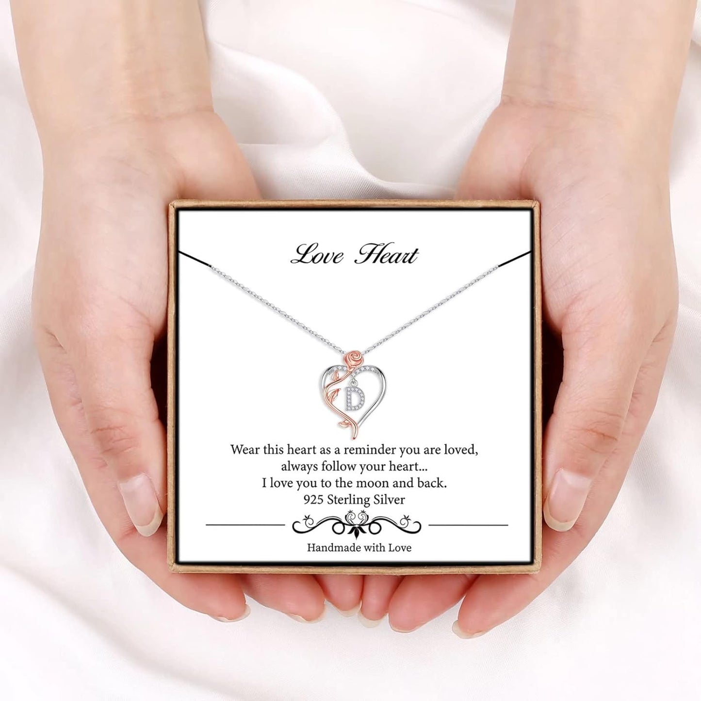 Iefil Christmas Gifts for Women Wife - 925 Sterling Silver Rose Heart Initial Necklace, Anniversary Birthday Gifts for Women, Jewelry Gift for Her Wife Girlfriend Mom Daughter