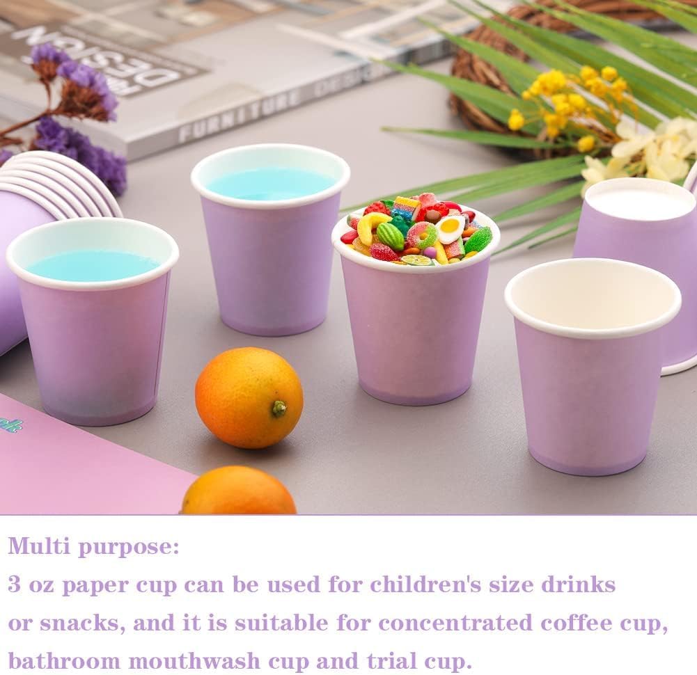 3 oz 100 Packs Small Disposable Mouthwash Cups Bathroom Paper Cups Espresso Paper Cups Paper Hot Cups for Snack Bathroom Espresso Perfect for Home Condos Rvs Campers (Purple)