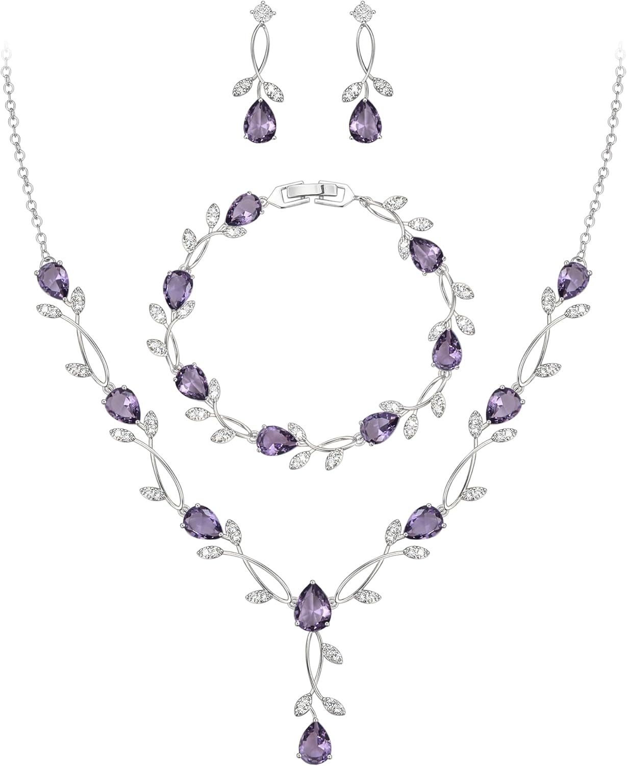 EVER FAITH Bridal Cubic Zirconia Jewelry Sets for Women, White Simulated Pearl Leaf Vine Pendant Wedding Party Necklace Earrings Set for Bridesmaid Bride