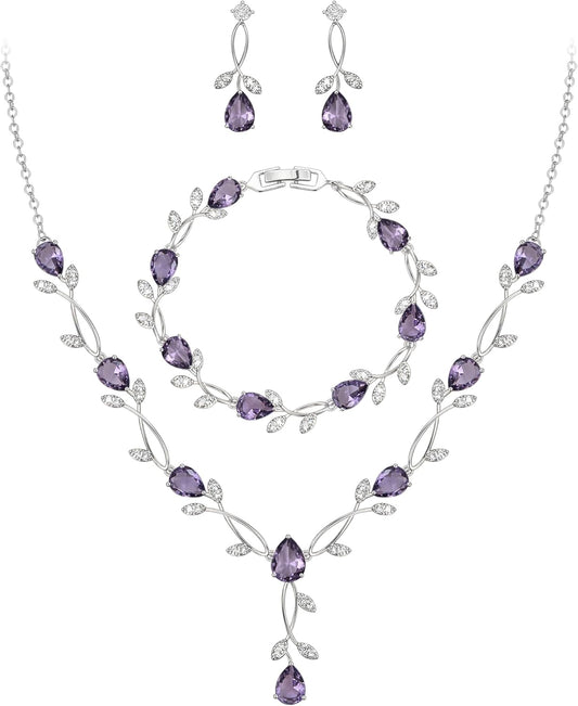 EVER FAITH Bridal Cubic Zirconia Jewelry Sets for Women, White Simulated Pearl Leaf Vine Pendant Wedding Party Necklace Earrings Set for Bridesmaid Bride