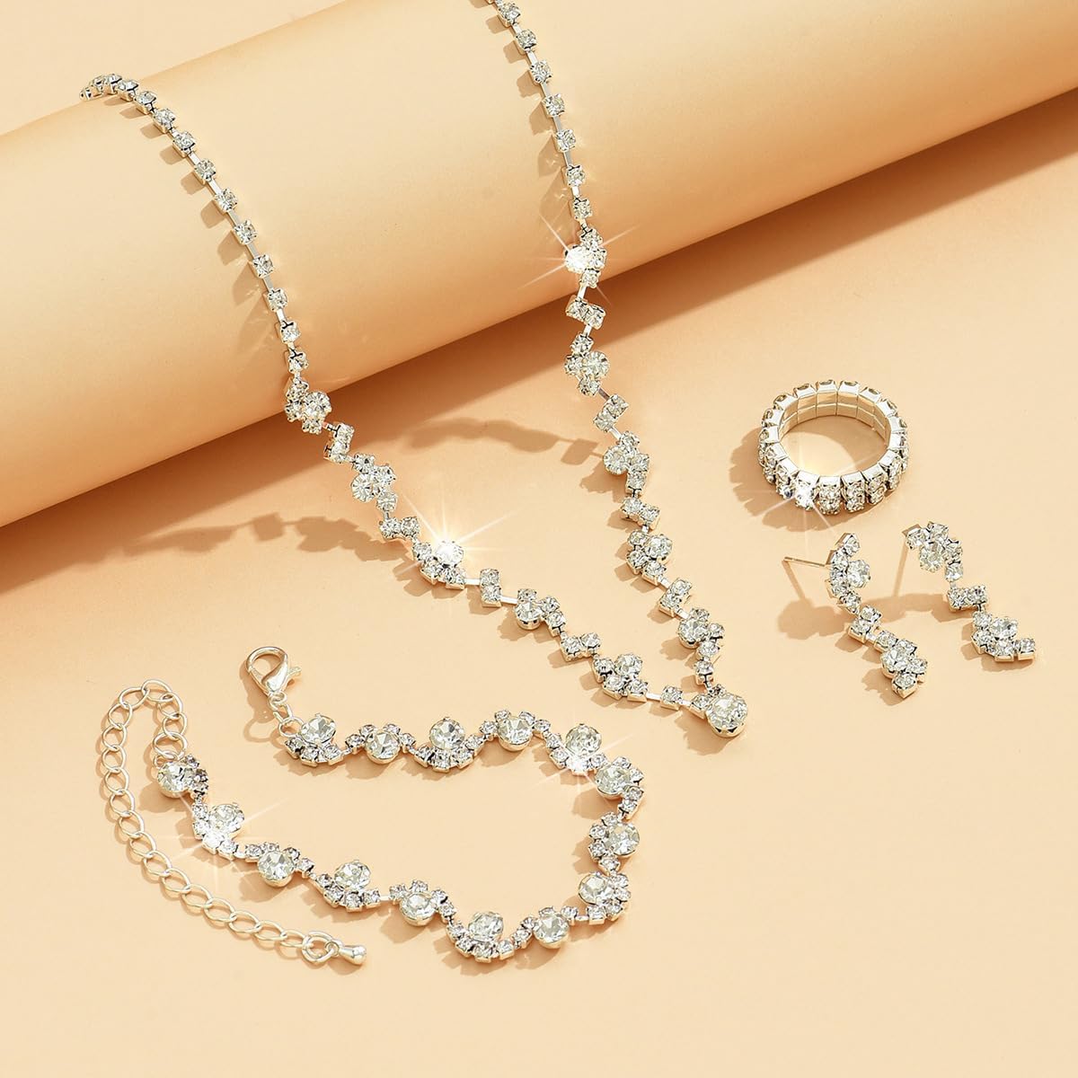 Wedding Jewelry Sets for Brides Rhinestone Necklace and Earring Set Bracelet Ring Gold Silver Prom Jewelry Sets Diamond Flower Teardrop Necklace for Women