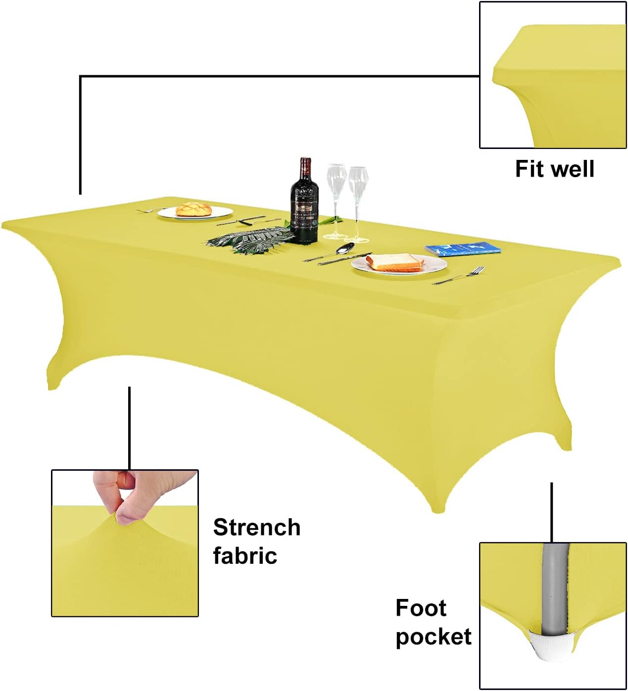 FORLIFE Spandex Table Cover - Fitted 8ft Rectangular Tablecloth, Stretch Patio Cover, Universal for Wedding, Banquet, Party (Yellow)