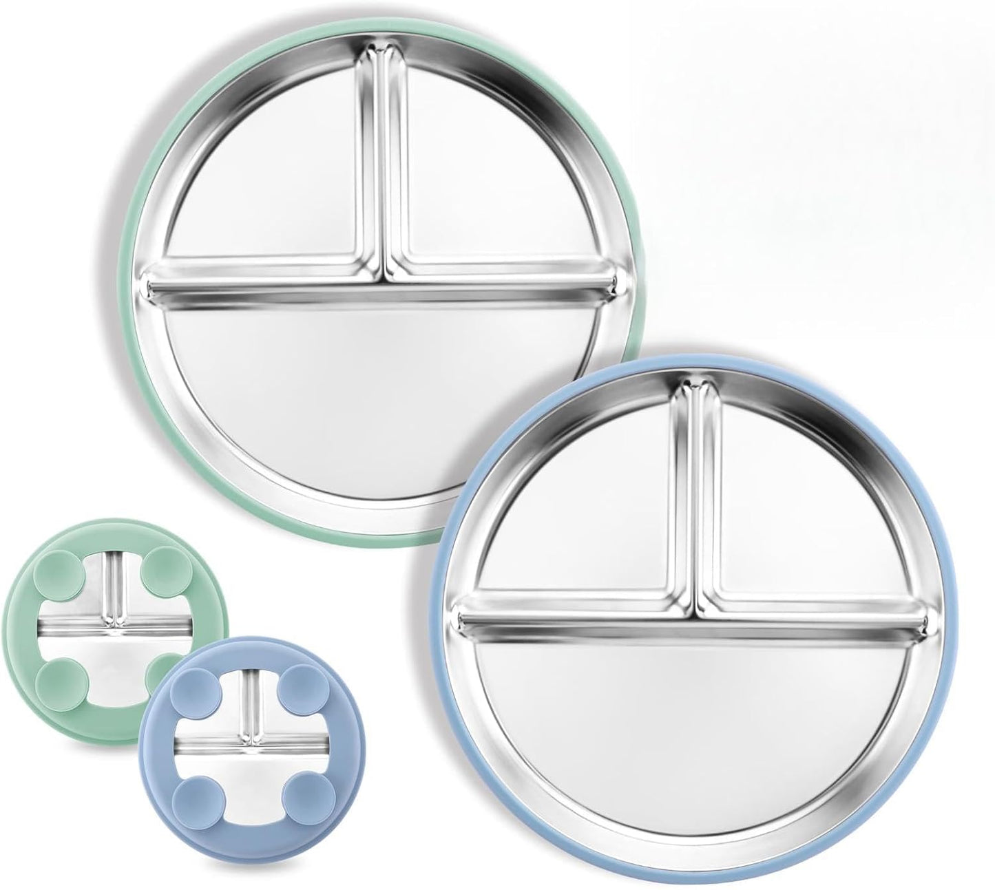 8” Stainless Steel Toddler Plate with Suction, Divided Plates with Removable Silicone Sleeves for Kids, Non Toxic & BPA Free | Non Slip | Unbreakable Baby Snack Dishes Set of 2, Blue & Sage