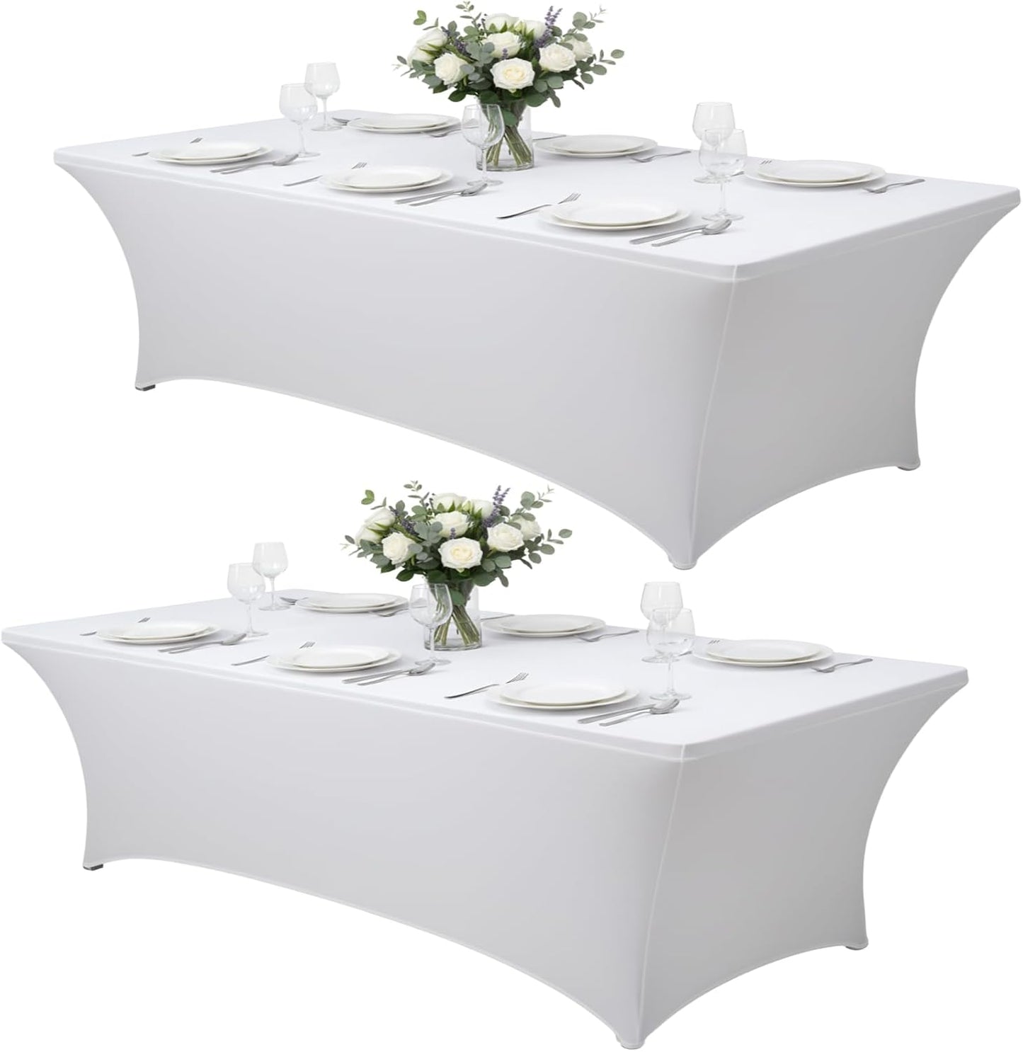 2 Pack 8FT Rectangular Spandex Tablecloth,Wrinkle Resistant Fitted Cover for 96x30 inch Banquet Table Cloth, Washable Stretch Fabric for Party, Events, Wedding, Vendor - White
