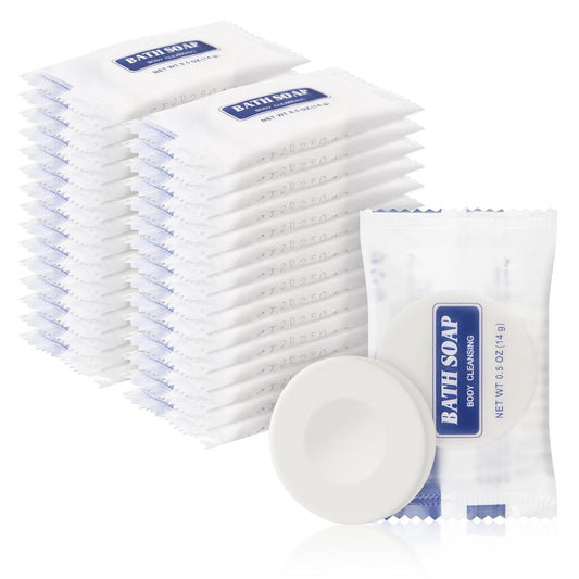 0.5 oz Bulk Travel Size Bars Soap, Individually Wrapped Small Face and Body Cleanser Round Soaps Toiletries Amenities for Hotel, Guest, Shelter, Charity, Motel, Vacation (50)