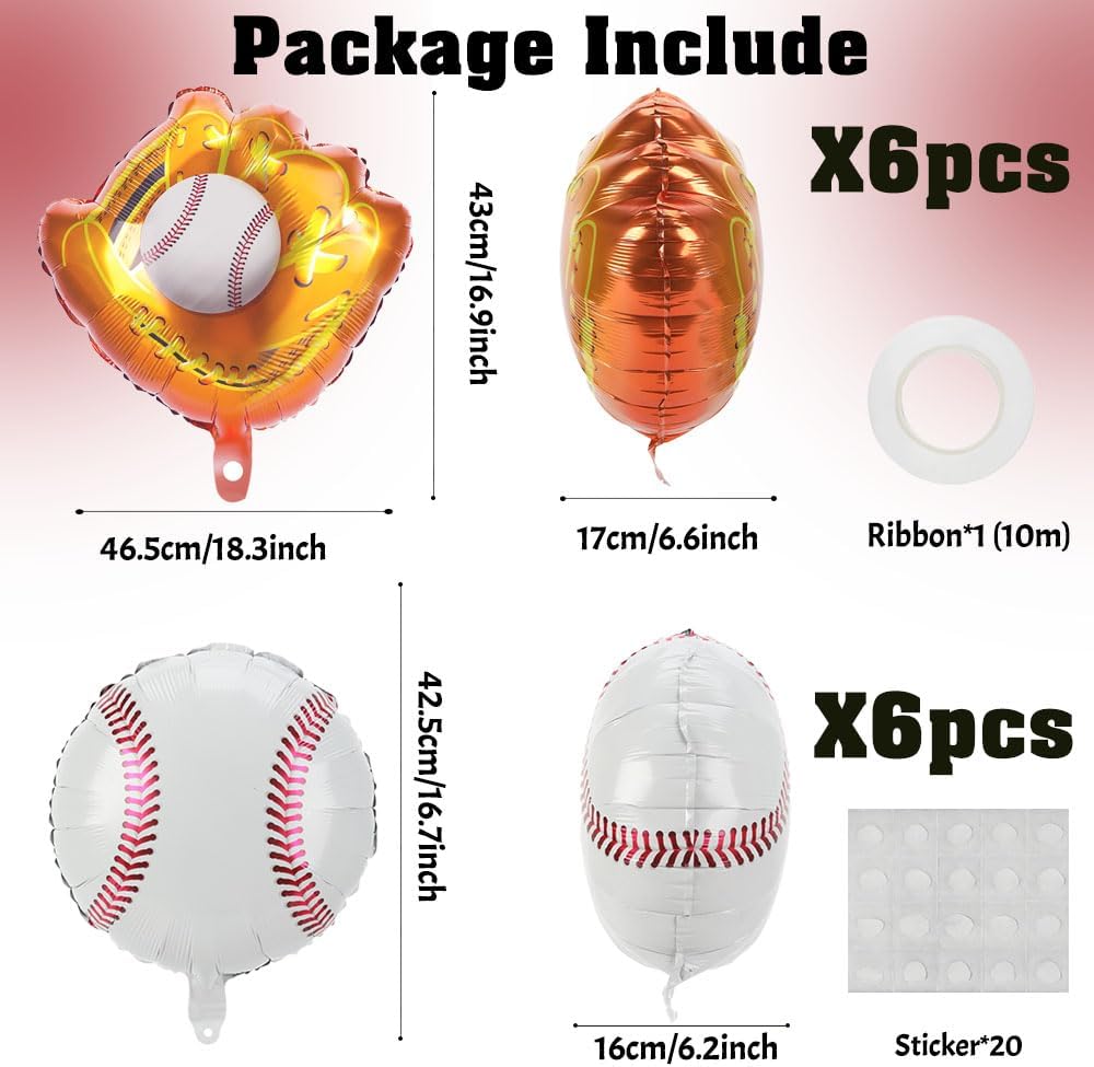 12 PCS 18 Inch Baseball Balloons Foil Party Favors Baseball Lover Theme Sports Glove Giant Balloons Birthday Party Decorations Christmas Mylar Helium Aluminum Balloon Baby Shower Gender Reveal