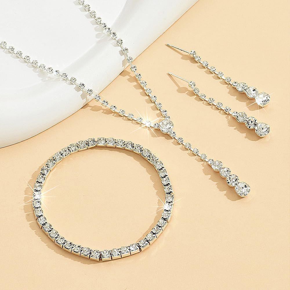 GIGB PBDK Dainty Silver Jewelry Set Crystal Rhinestone Pendant Necklace Bracelet Earrings Trendy Bridal Wedding Prom Dresses Costume Jewelry Sets for Women Wife